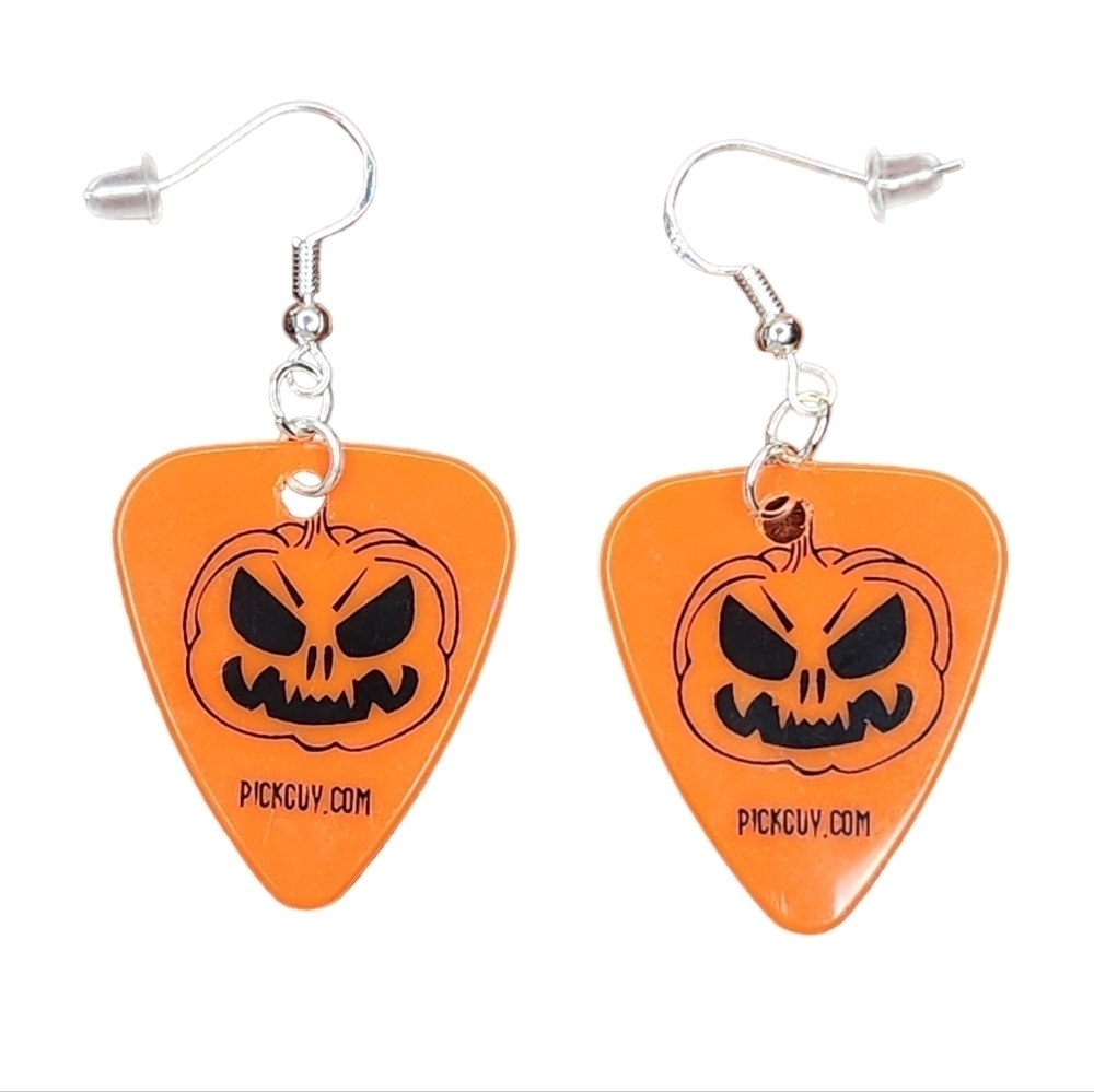 Orange Spooky Pumpkin Guitar Pick Earrings Sterling Silver with Gift Bag